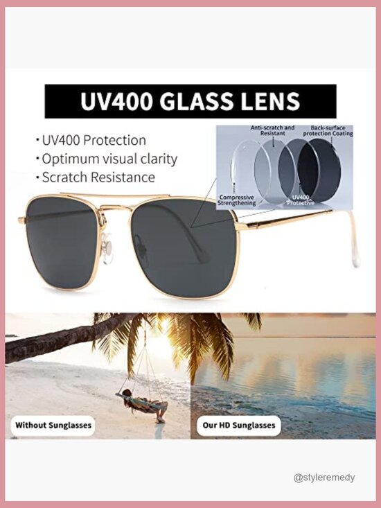 Retro Square Aviator Sunglasses with Metal Frames and Glass Lenses main image 6